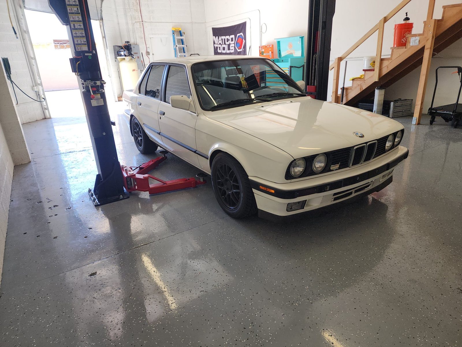 BMW E30 inside the Precision European service bay