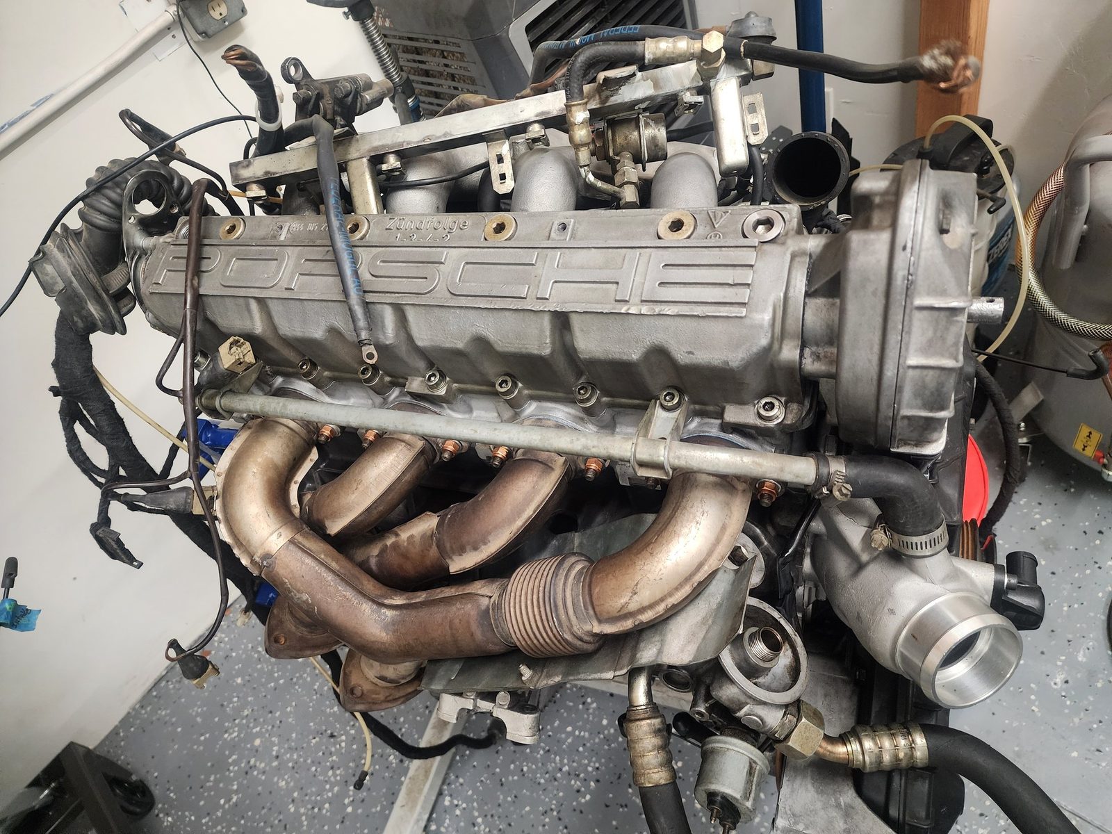 Porsche engine assembly detail in the shop